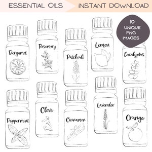 May include: Line art illustration of ten essential oil bottles, each labeled with a different scent: Bergamot, Rosemary, Patchouli, Lemon, Eucalyptus, Peppermint, Clove, Cinnamon, Lavender, and Orange. The words "ESSENTIAL OILS" and "INSTANT DOWNLOAD" are also present.