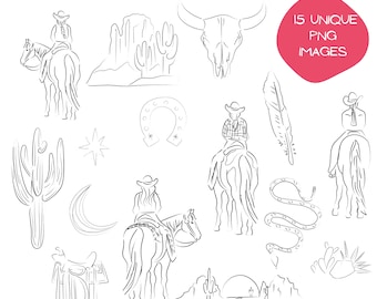 Cowgirl PNG Clipart Bundle, Hand-drawn Western Desert Drawing, Southwestern Line Art, Digital Illustration for DIY Crafts, Stationery & more