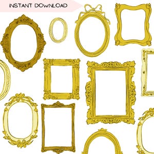 Puede incluir: Una colección de marcos dorados ornamentados de varias formas, incluyendo diseños ovalados, rectangulares y arqueados. Los marcos tienen detalles detallados de estilo vintage. Las palabras "INSTANT DOWNLOAD" son visibles.