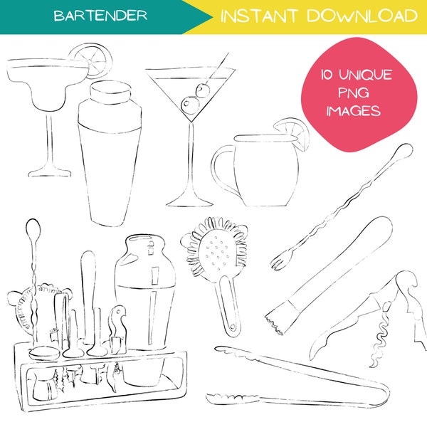 Cocktail Clip Art Bundle, Bar Ware Illustration Clipart, Mixology Simple Line Art, Happy Hour Hand Drawn PNG Designs, Alcohol Illustrations