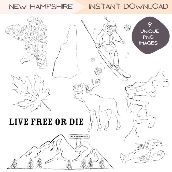 New Hampshire Clipart Bundle, New England Clip Art Designs, Minimalist Line Art, Simple Hand Drawn Illustration, Transparent Background PNG