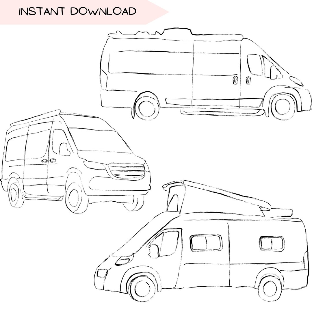 Camper Van Clipart Bundle, Hand Drawn RV Line Art, Van Life Travel PNG ...