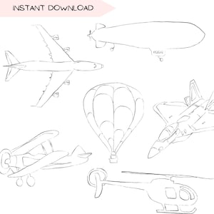 Pacote de clipart de aeronaves, designs de clipart de viagem de veículos de piloto de voo, arte de linha minimalista de avião, jato simples desenhado à mão PNG transparente