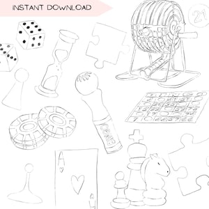 Game Night-clipartbundel, bordspellen Clip Art Designs Line Art, handgetekende symbolische illustratie, zwart-witte puzzelstukjes, png PNGEgg