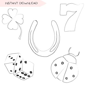 Lot de cliparts porte-bonheur, symboles de porte-bonheur Clip Art, dessins au trait minimaliste, illustration simple dessinée à la main, dessins noir et blanc PNG