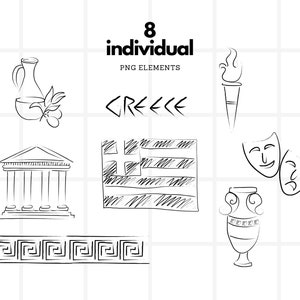 May include: A set of eight black and white line drawings of Greek symbols and objects, including an olive branch, a temple, a vase, a torch, a flag, a mask, and a meander pattern. The text "8 individual PNG elements" and "GREECE" are also included in the image.
