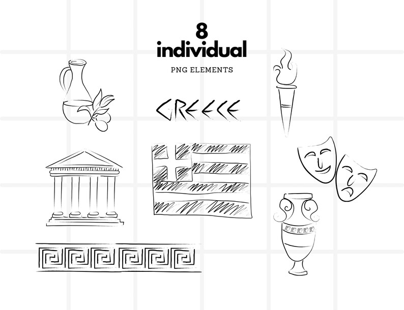 May include: A set of eight black and white line drawings of Greek symbols and objects, including an olive branch, a temple, a vase, a torch, a flag, a mask, and a meander pattern. The text "8 individual PNG elements" and "GREECE" are also included in the image.