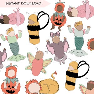 Bundle de clipart bébé Halloween Costume, nouveau-né neutre entre les sexes nourrisson fille garçon, Illustration numérique Portrait Clipart PNG dessinés à la main