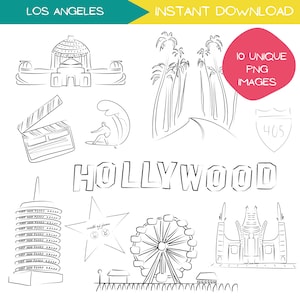 Pacchetto di clipart di Los Angeles, disegni di clip art di viaggio di Hollywood LA California, illustrazione disegnata a mano semplice di arte minimalista della linea PNG