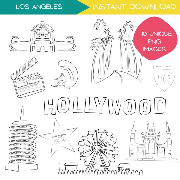 Los Angeles Clipart Bundle, Hollywood LA California Travel Clip Art Designs, Minimalist Line Art Simple Hand Drawn Illustration PNG