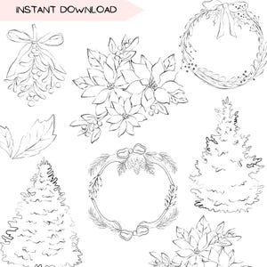 May include: Black and white line art illustrations of Christmas and holiday elements. Includes wreaths, poinsettias, mistletoe, and a Christmas tree. The words "INSTANT DOWNLOAD" are at the top. Perfect for digital art projects.