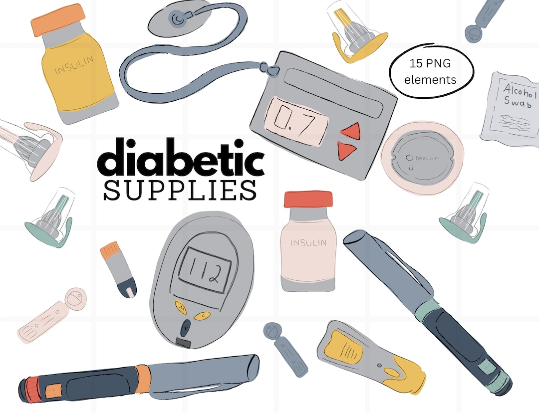 Diabetes Supplies Clip Art Bundle, Colorful Vector Hand Drawn Diabetic