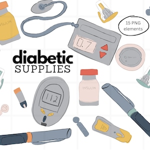 Diabetes levert clip art bundel, kleurrijke vector hand getrokken diabetische illustratie PNG, minimalistische clipart ontwerpen