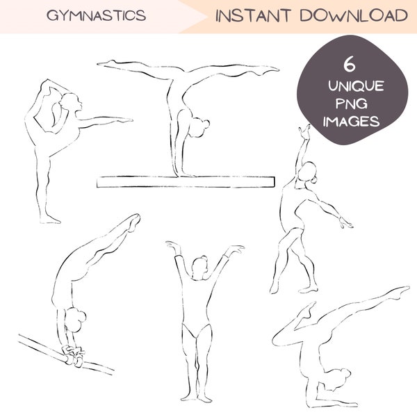 Paquete de imágenes prediseñadas PNG de gimnasia, arte lineal de gimnasta dibujada a mano, diseños digitales para manualidades imprimibles, imágenes prediseñadas para proyectos de diseño gráfico.