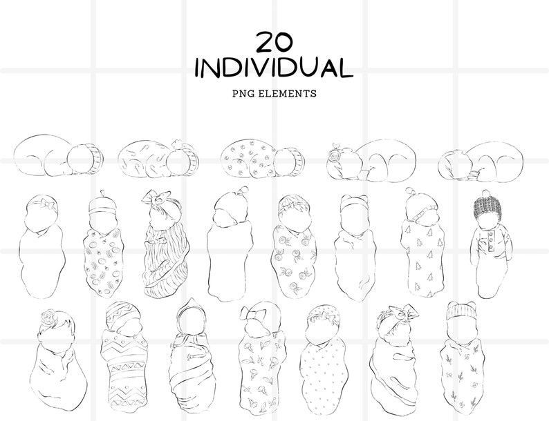 Newborn Baby Clip Art Bundle, Gender Neutral Infant Girl Boy, Line Art