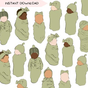 Pacchetto di clipart per neonati, pacchetto di clipart PNG con coperta verde chiaro, illustrazione di ritratto di neonato di genere neutro, più tonalità della pelle
