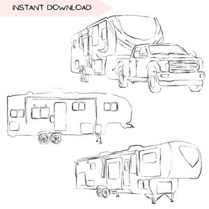 Lot de cliparts pour caravane à sellette, camping-car Clip Art dessins dessin au trait, illustration dessinée à la main camping Road-trip, dessins noir et blanc, PNG