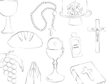 May include: Line art illustration of religious symbols including a chalice, rosary, bread, grapes, praying hands, a cake with a cross, a crucifix, a bible, a wafer, and a bottle of holy water. Text at the top reads "INSTANT DOWNLOAD".
