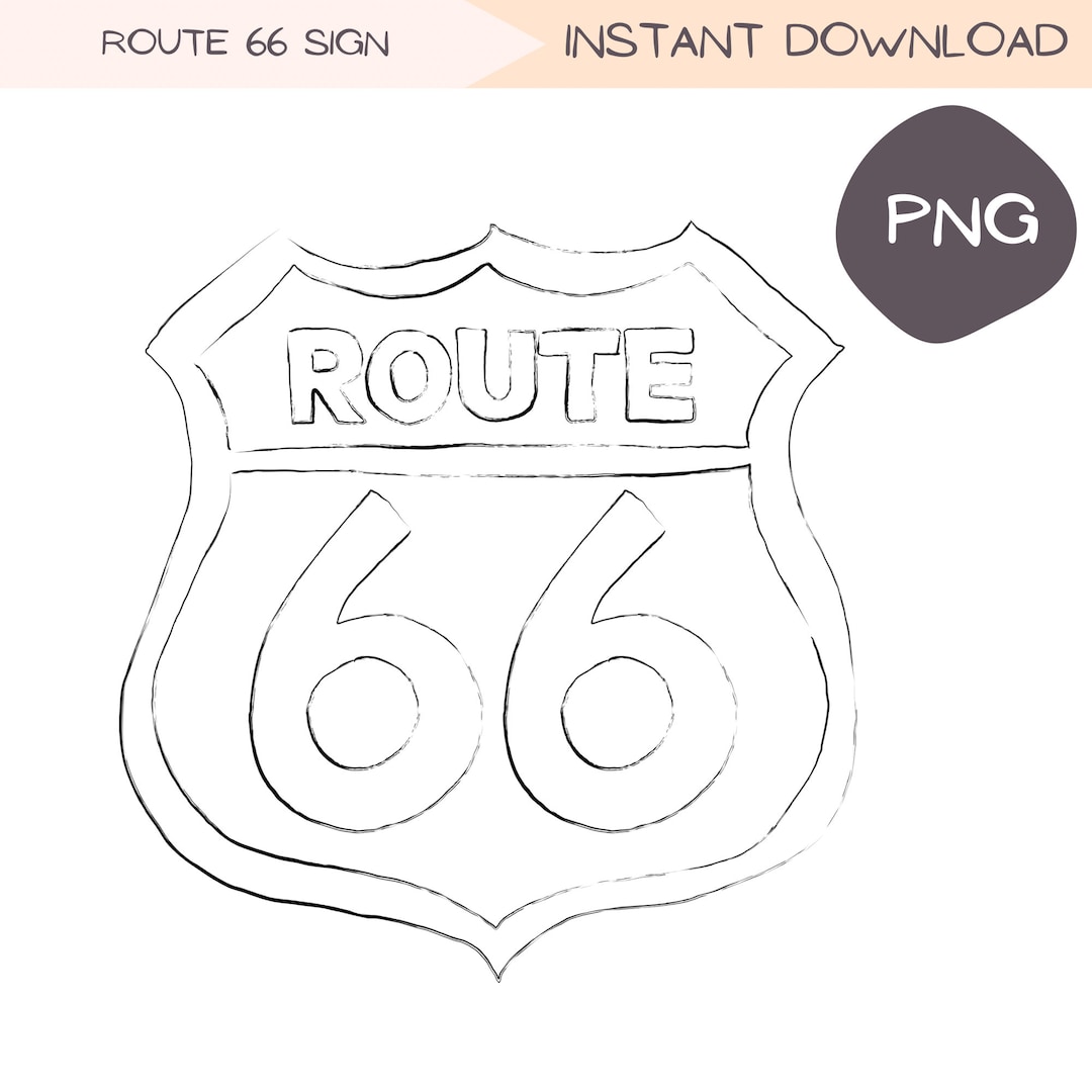 Route 66 Sign Clip Art, Hand-drawn Road-trip Line Art, Americana
