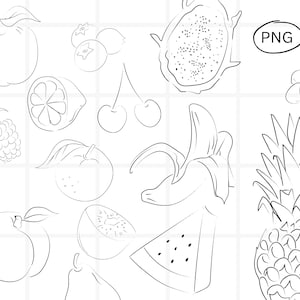 Paquete de imágenes prediseñadas de arte lineal de frutas, imágenes prediseñadas de alimentos, ilustración de alimentos dibujada a mano, fruta del dragón, piña, sandía, plátano, cereza PNG