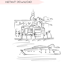Clip art del porto di Rivera francese, yacht in Francia, viaggio in Europa, illustrazione disegnata a mano, arte minimalista in bianco e nero, design digitale PNG