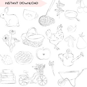 Cottagecore Line Art Clip Art Bundle, Clipart PNG elegante, Ícones para convites de festa temática de aniversário, Ilustrações desenhadas à mão de jardim