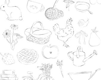 Cottagecore PNG Clipart Bundle, Cottage Line Art Icons, Spring Gardening Hand-Drawn Illustration