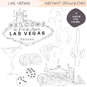 Las Vegas Clipart Bundle, Sin City Travel Clip Art Designs, Minimalist Line Art, Simple Hand Drawn Illustration, Black and White Designs PNG