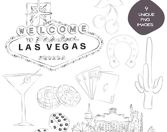 Las Vegas Clipart Bundle, Sin City Travel Clip Art Designs, Minimalist Line Art, Simple Hand Drawn Illustration, Black and White Designs PNG