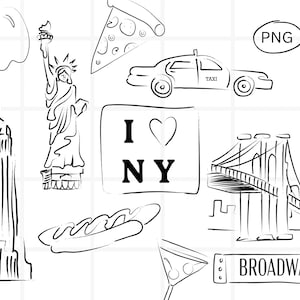 Pacote de clipart da cidade de Nova York, designs de clip art de viagens em Nova York, arte de linha minimalista, ilustração simples desenhada à mão, designs em preto e branco png