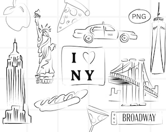 New York City Clipart Bundle, Line At Hand-Drawn NYC Digital Designs PNG Drawings, Icons Doodles for Crafts, Scrapbooking, Invitations