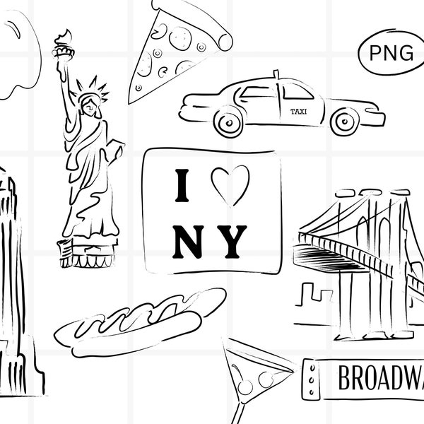 New York City Clipart Bundle, NYC Travel Clip Art Designs, Minimalist Line Art, Simple Hand Drawn Illustration, Black and White Designs PNG