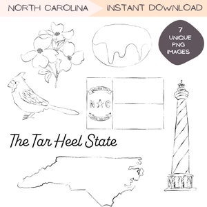 North Carolina clipart bundel, zuidelijke reizen clip art ontwerpen, minimalistische eenvoudige hand getrokken illustraties, zwart-wit ontwerpen PNG