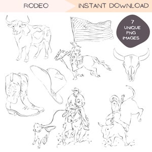 Rodeo Cowboy Clipart Bundle, Bullenreiten Linie Kunst, handgezeichnete PNG Grafiken Clip Art, einfache Wüstendesigns, westliche Illustrationsgrafik