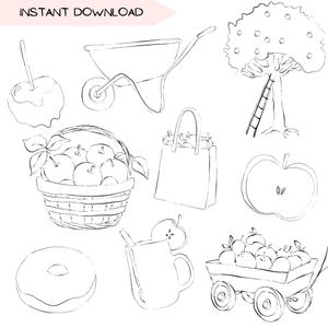 Appel plukken illustratiesbundel, herfstactiviteiten transparante png-bestanden, mand met appels, boomgaard handgetekende ontwerpen, digitale download
