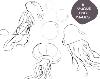 Pacote de Clipart de Arte Linear de Águas-Vivas, Vida Marinha Desenhada à Mão em PNG, Arte de Parede Costeira Imprimível, Designs Minimalistas para Artesanato DIY