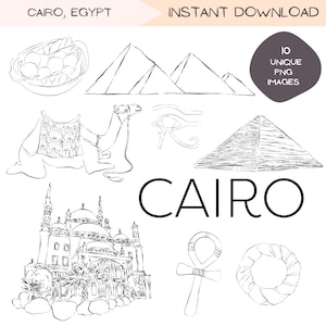 Lot de cliparts Le Caire Egypte, conceptions de clip art de voyage, dessin au trait minimaliste Sphinx, illustration simple dessinée à la main, conceptions de pyramide, PNG