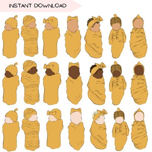 Pacchetto di clipart di neonati gialli, pacchetto di clipart trasparenti PNG di neonati neutri di genere autunnale, illustrazioni grafiche disegnate a mano
