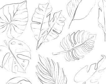 熱帯の葉のクリップアートバンドル、PNG形式の手描きジャングル線画、エキゾチックな葉の植物スケッチ、DIYクラフトなどに使えるデジタルダウンロード