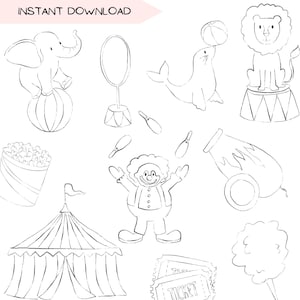 Bundle d'art clipart au trait cirque, clipart clown PNG, icônes pour faire-part à thème anniversaire carnaval, illustration dessinée à la main