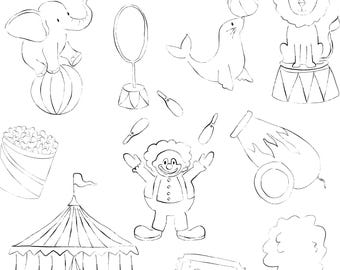 Schattig circus PNG clipartbundel, carnaval handgetekende doodle ontwerpen, clown illustratie, Lion Seal olifant digitale download