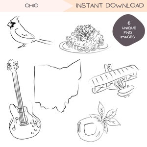 Ohio Clipart Bundle OH Travel Clip Art Designs Minimalist Line Art Einfache Handgezeichnete Illustration Buckeye State Umriss PNG