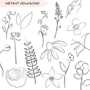 Könnte beinhalten: Ein Set mit 12 Schwarzweiß-Linienzeichnungen verschiedener Blumen und Blätter. Die Zeichnungen sind einfach und elegant und eignen sich perfekt für eine Vielzahl von kreativen Projekten.