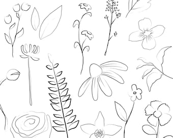 Può includere: Un set di 12 disegni in bianco e nero di vari fiori e foglie. I disegni sono semplici ed eleganti e sarebbero perfetti per l'uso in una varietà di progetti creativi.