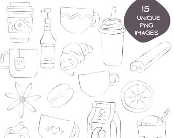 Coffeehouse Line Art Clipart Bundle, Bakery Doodles Hand-Drawn PNG Designs, Coffee Shop Doodle, Baked Treats Digital Download, Menu Artwork