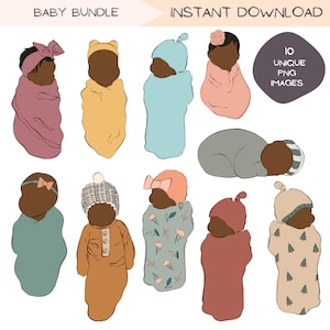 Newborn Baby Clip Art Bundle, Infant Dark Skin Tone PNG Clipart Bundle, Girl and Boy Faceless Portrait Illustration, Hand Drawn Illustration