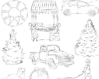 Christmas Tree Farm Clipart Bundle | Rustic Farmhouse Holiday PNG Set | Winter Barn & Country Christmas Graphics