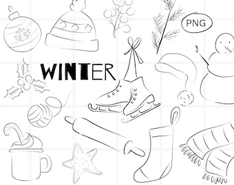 Winter PNG-illustratiebundel, handgetekende vakantie-illustraties, eenvoudige doodle zeer fijne tekeningen, gezellige kerst afdrukbare ontwerpen, digitale download