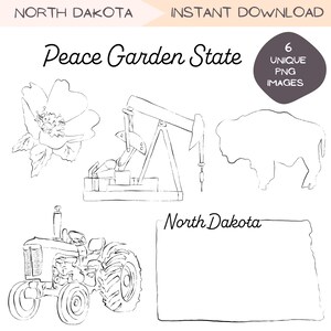 Bundle de cliparts Dakota du Nord, conceptions de clipart de voyage aux États-Unis, illustrations minimalistes simples dessinées à la main, conceptions noir et blanc PNG