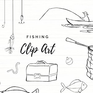 Paquete de imágenes prediseñadas de pesca, diseños de imágenes prediseñadas de pescadores, arte lineal del día del padre, ilustración dibujada a mano, blanco y negro, PNG transparente